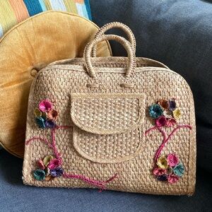 VINTAGE Handmade Straw Wicker Tote Market Basket Floral Woven Multicolor Tiki